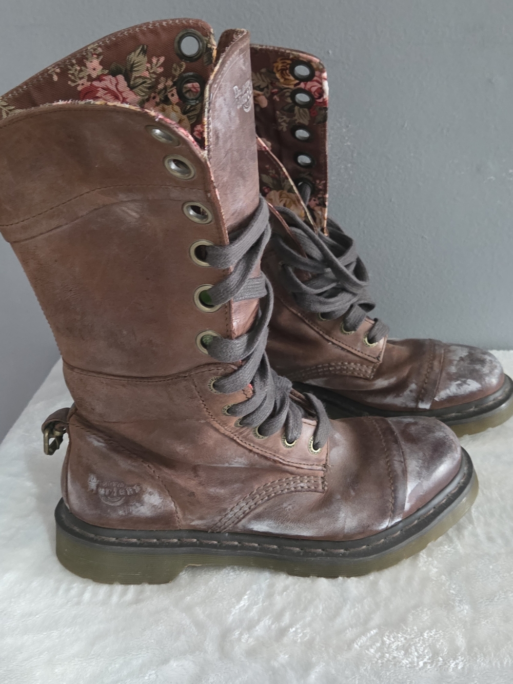 Dr. Martens Brown Lace-Up Floral-Lined Combat Boots